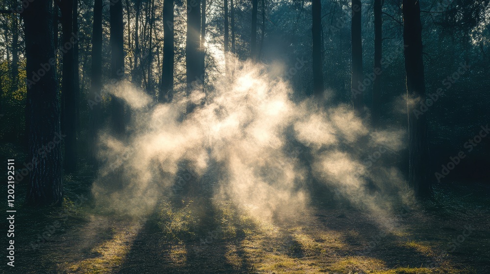 Poster mist and sunlight filtering through dense forest trees creating ethereal atmosphere with beams of li