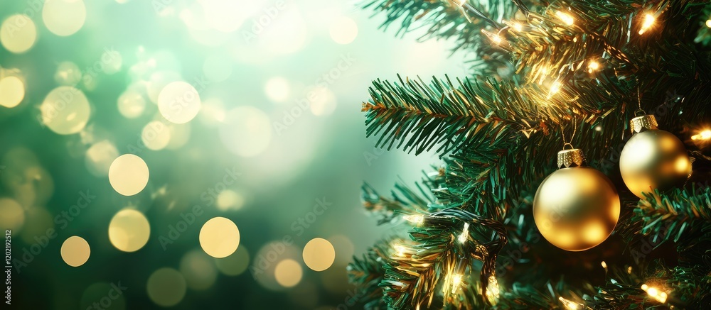Poster christmas tree branches with golden ornaments and blurred green bokeh lights in the background copy 
