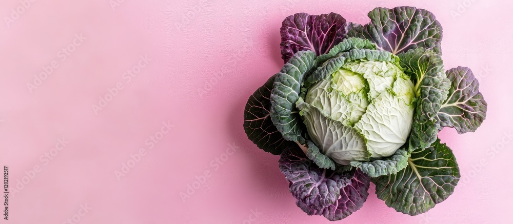 Poster Fresh green cabbage on a pink background with ample copy space for text placement.