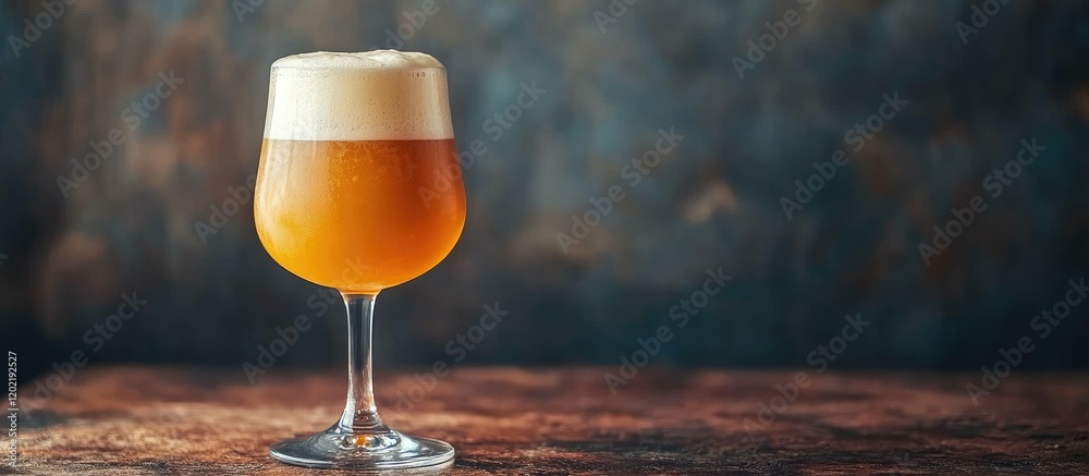 Poster craft beer in a chilled glass with foam on top against a dark textured background copy space