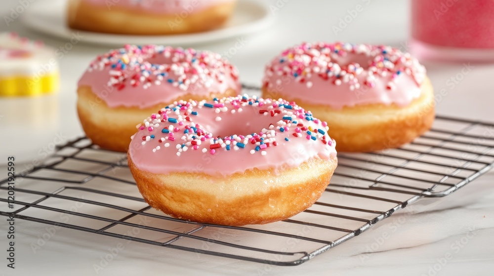 Poster pink frosted donuts with sprinkles on a cooling rack with blurred background and copy space for text