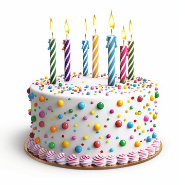 recommend clip art: 3D realistic clip art of a colorful birthday cake with candles.