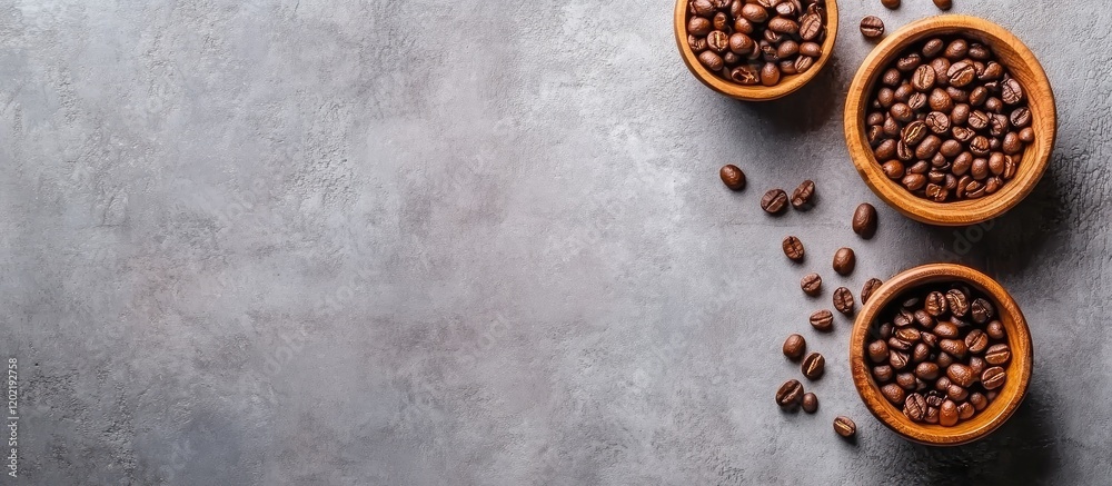 Poster coffee beans in wooden bowls on a gray stone surface with copy space for text.