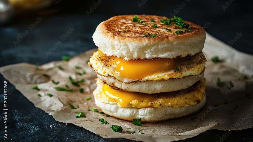 Poster stacked breakfast sandwich with eggs and melted cheese on toasted english muffins placed on a rustic