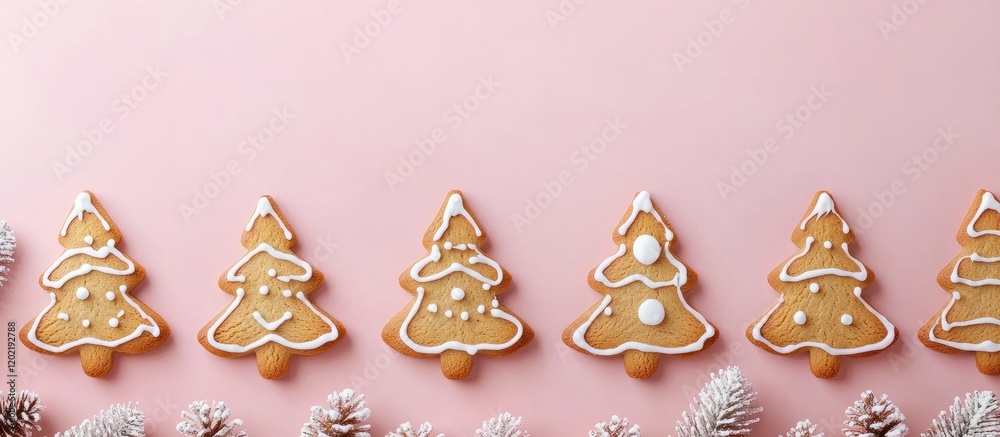 Poster gingerbread christmas tree cookies arranged in a row on a pink background with decorative pine cones