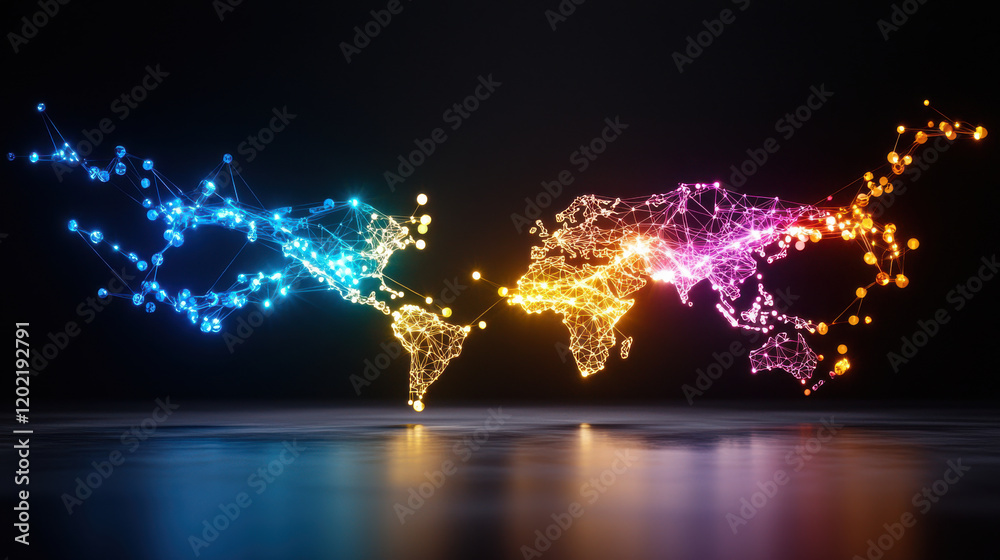 Aufkleber vibrant scene of interconnected global networks represented by colorful lines and nodes, symbolizing international stock markets and digital connections