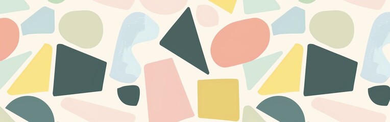 An abstract pattern of pastel-colored geometric shapes such as triangles, circles and squares arranged in a smooth repeating pattern.