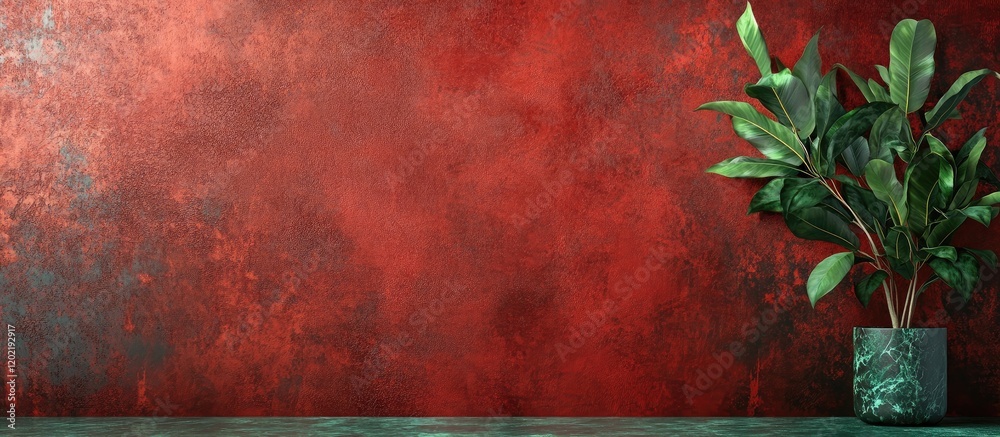 Poster interior with textured red wall and potted plant on wooden table featuring ample copy space for text