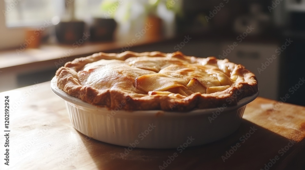 Poster homemade apple pie in a ceramic dish on a wooden table with soft natural lighting and copy space for