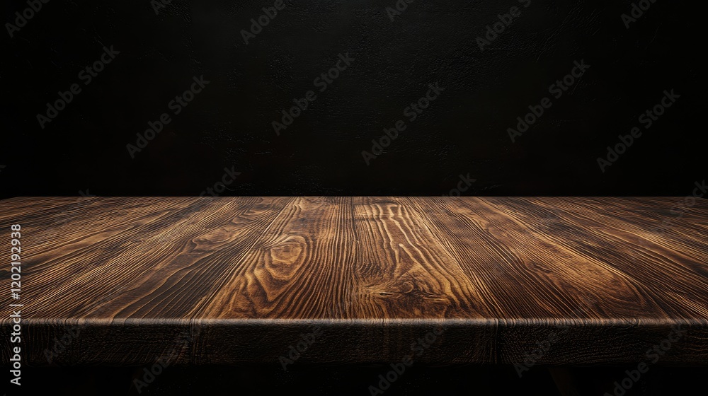 Aufkleber Wooden table surface with detailed grain pattern and dark background Copy Space