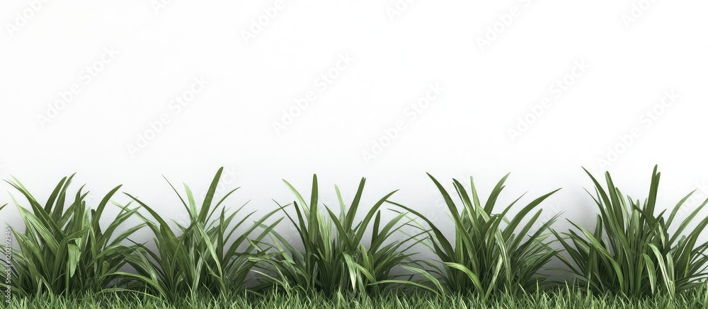 Poster Grass texture with green blades arranged horizontally on white background for copy space usage. Ideal for nature and landscaping themes.
