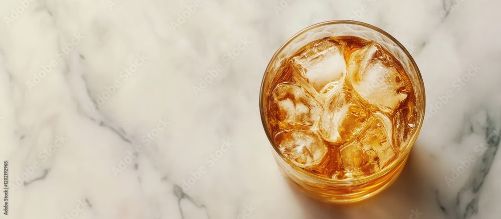 Poster whiskey glass with ice on marble countertop with copy space for text or branding
