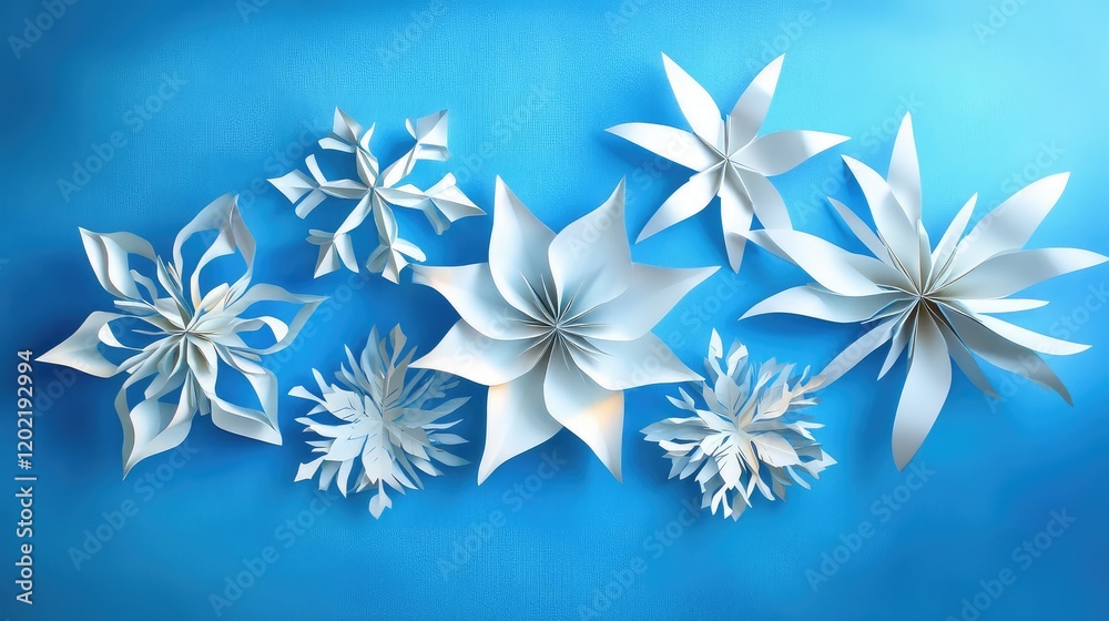 Poster white paper flowers arranged in an artistic display on a bright blue background with ample copy spac