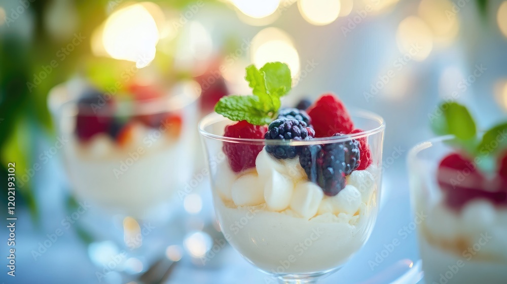 Poster berry dessert in glass cups with whipped cream and mint leaf on a blurred background with bokeh ligh