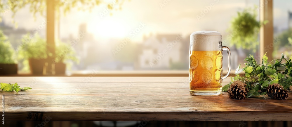Poster glass of beer on wooden table with copy space against sunset view through window and greenery in bac