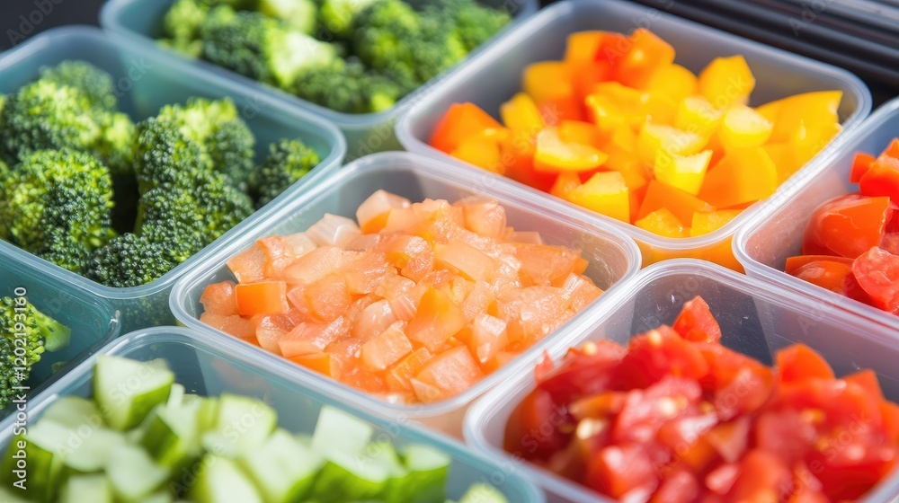 Poster Freshly cut vegetables in plastic containers arranged in a grid pattern with vibrant colors and textures Copy Space