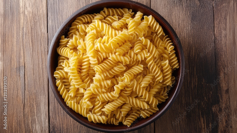 Poster bowl of uncooked fusilli pasta on wooden surface with ample copy space for text placement