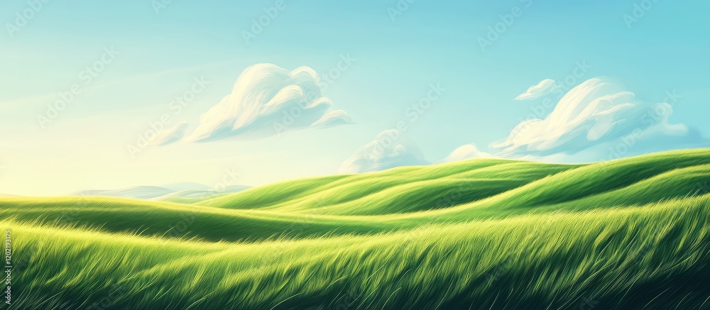 Poster Rolling green hills under a clear blue sky with soft clouds in the background and ample Copy Space for text placement