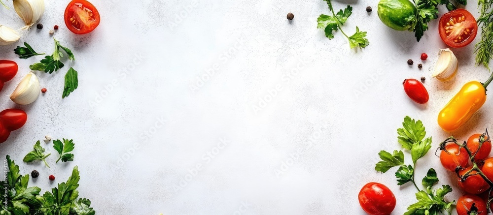 Poster Fresh assorted vegetables and herbs arranged on a textured surface with Copy Space for text placement