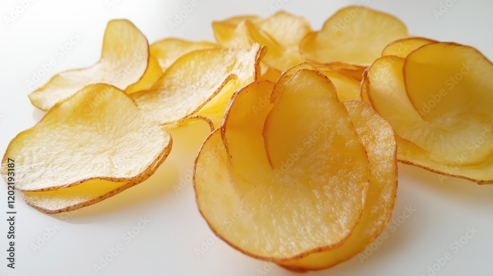 Aufkleber Dried potato chips arranged aesthetically on a white background with ample copy space for text placement.