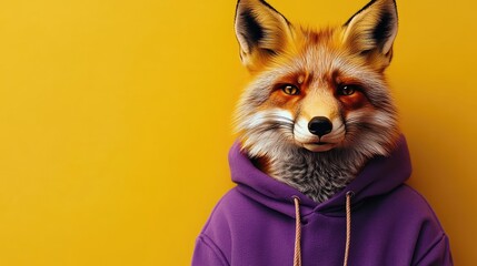 Obraz premium Realistic fox character wearing a purple hoodie against a bright yellow background with Copy Space for text insertion