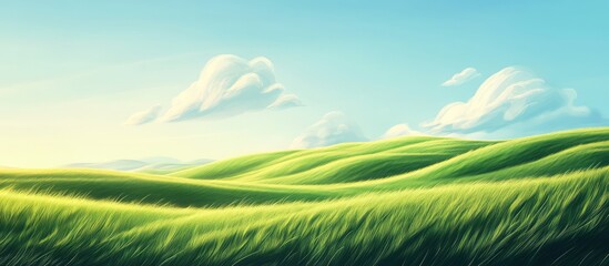 Obraz premium Rolling green hills under a clear blue sky with soft clouds in the background and ample Copy Space for text placement