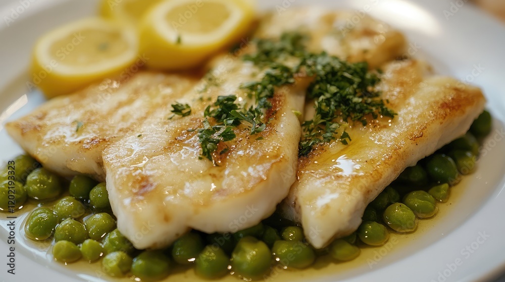 Poster grilled fish fillets with lemon slices and fresh herbs on a plate with green peas copy space