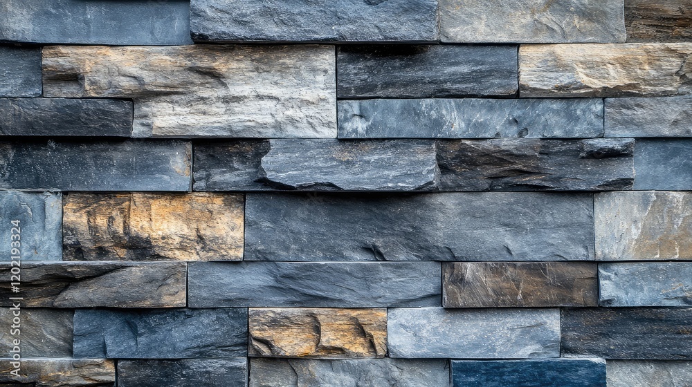 Poster textured stone wall background with a variety of slate and granite stones arranged in a modern patte