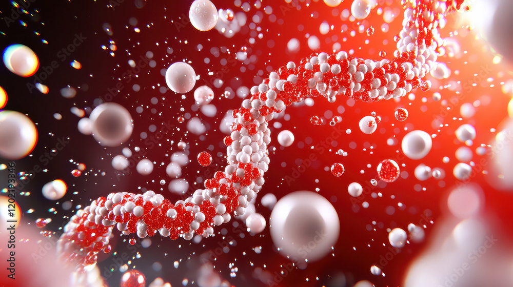 Poster vibrant visualization of molecular structure with red and white particles, representing dynamic genetic sequence in scientific context