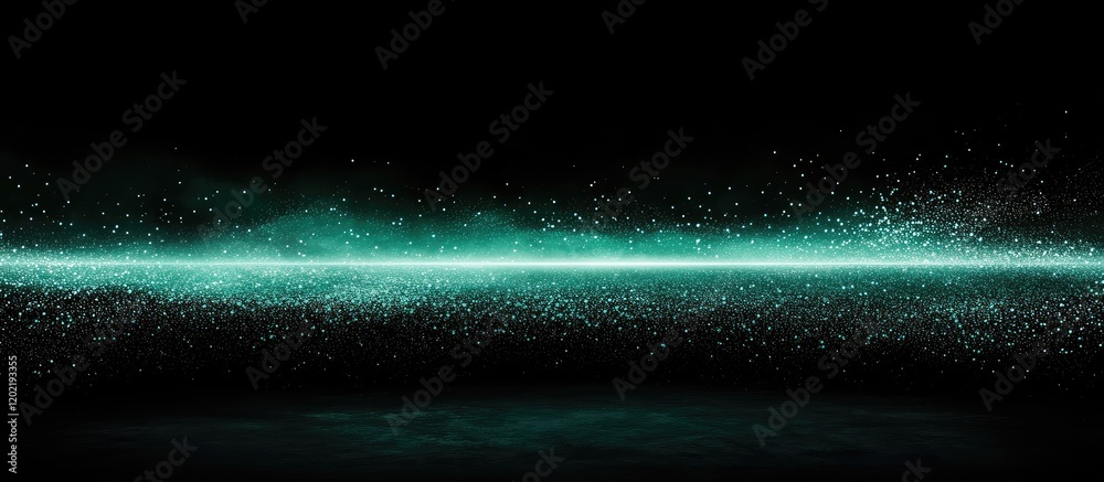 Poster abstract turquoise light streak with particles on a black background, featuring ample copy space for