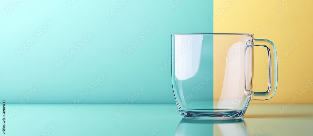 Poster transparent glass mug on a split colorful background with cyan and yellow tones featuring ample copy