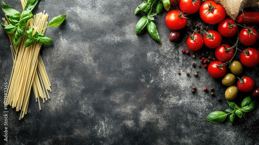 Poster fresh tomatoes basil and spaghetti with olives on textured background with copy space