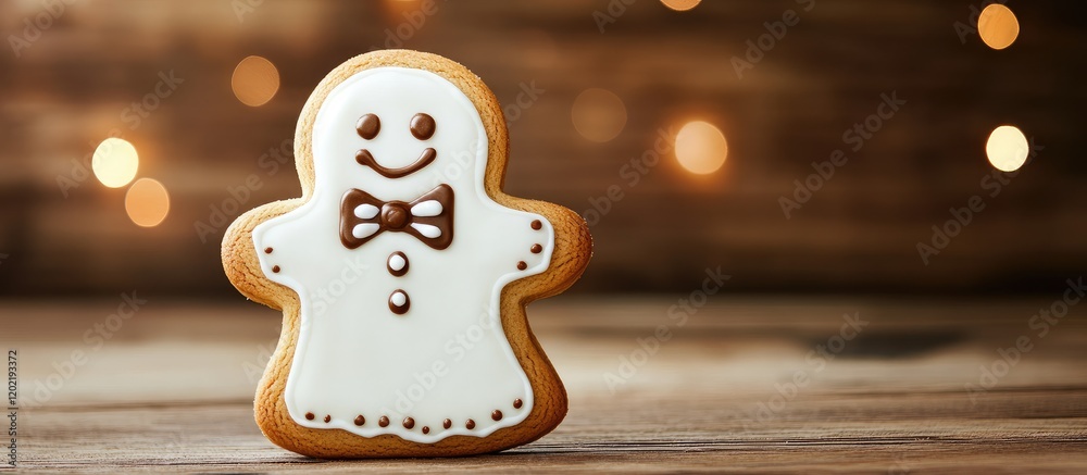 Poster gingerbread cookie with icing smiling face and bowtie on wooden table with blurred warm lights in ba