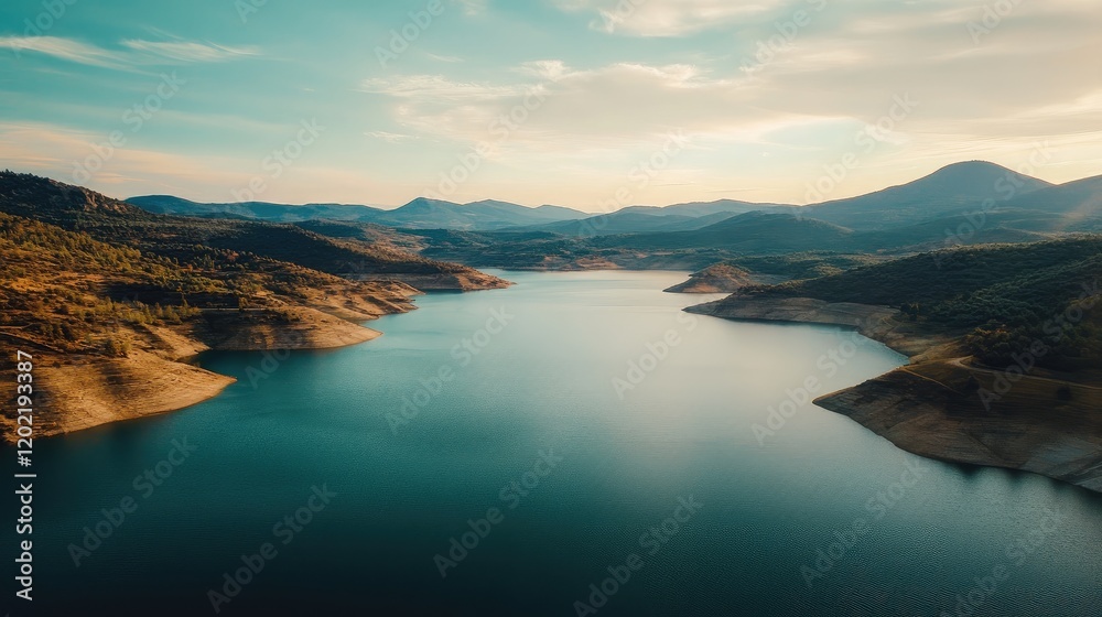 Aufkleber aerial view of a serene lake surrounded by mountains under a clear sky with reflection on water copy