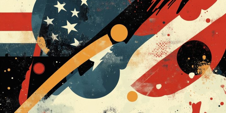 Colorful abstract artwork uses geometric shapes and patriotic colors to convey a sense of national pride and artistic expression in a modern context