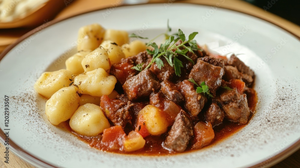 Poster beef stew served with gnocchi on a plate garnished with herbs and spices copy space