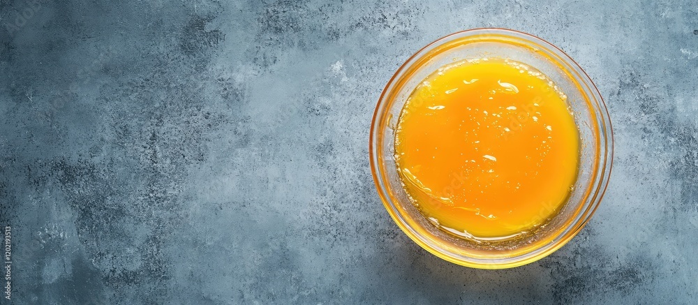 Poster bowl of raw egg yolk on textured blue surface with copy space for text placement