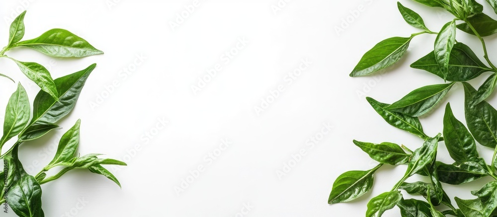 Aufkleber green leaves framing a blank white background with copy space for text or design elements.