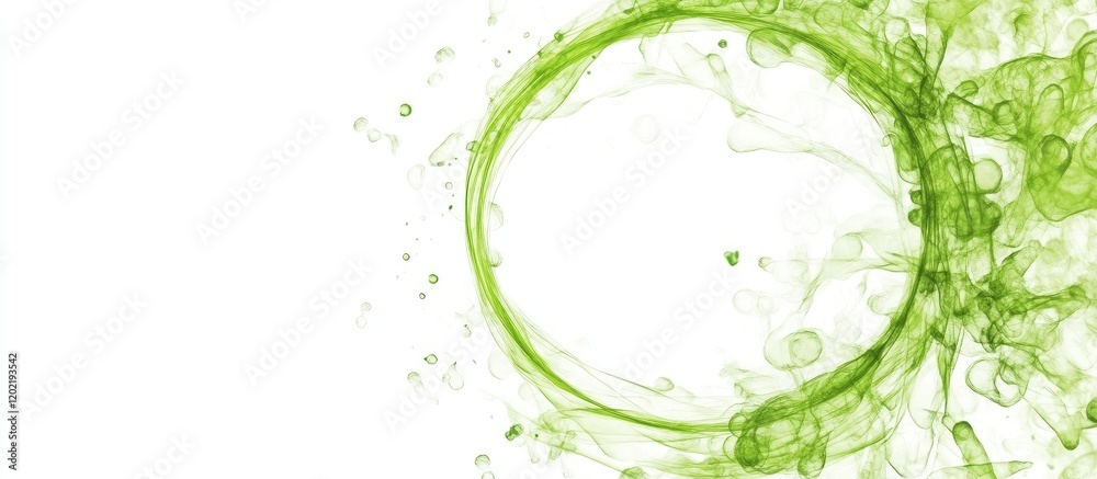 Poster Green smoke swirl with circular shape and abstract fluid pattern on white background, copy space for text placement.