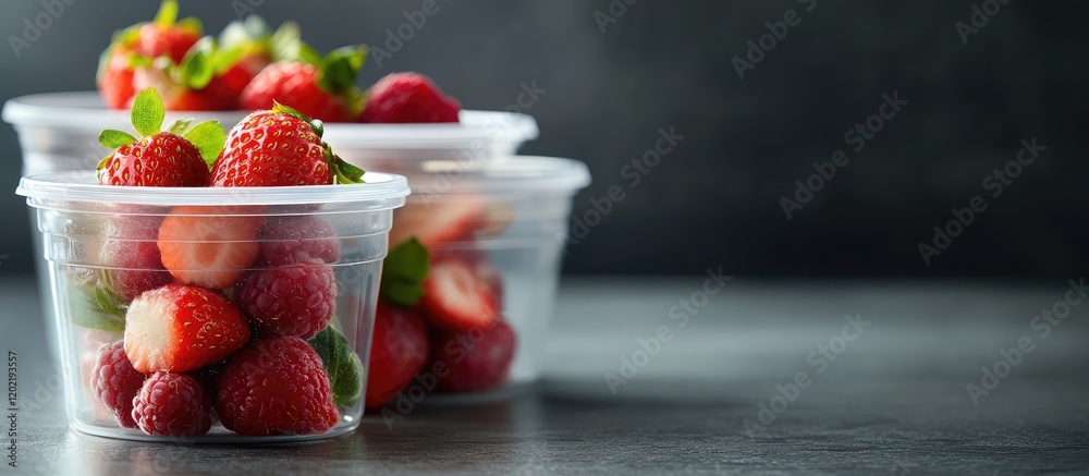 Poster fresh strawberries in clear plastic containers on a dark textured background with copy space for tex
