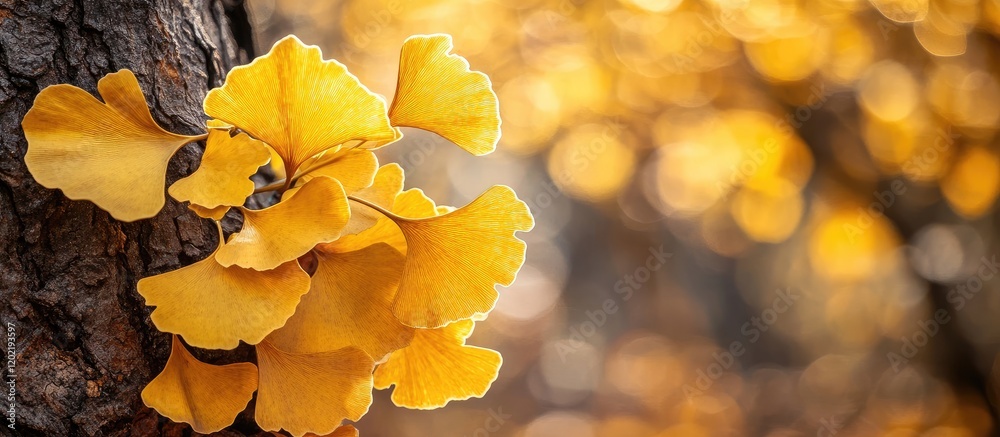Poster Ginkgo biloba leaves on tree trunk with soft focus golden bokeh background and copy space for text