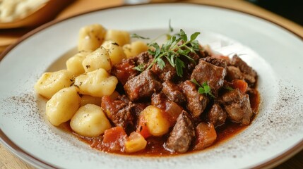 Beef stew served with gnocchi on a plate garnished with herbs and spices Copy Space