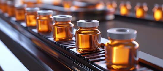 Glass vials with amber liquid on a conveyor belt in a pharmaceutical production facility with Copy Space