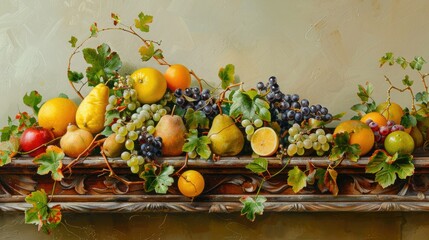 Display of assorted fruits including lemons, oranges, apples, grapes, and pears, arranged on and around wooden barrels.