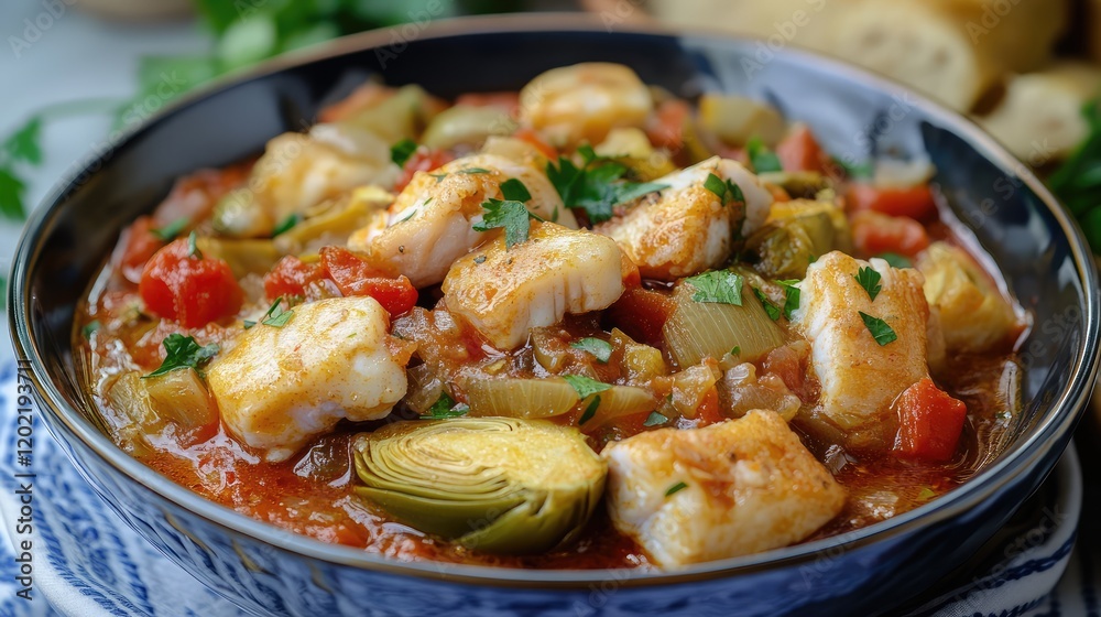 Poster delicious fish stew with vegetables in a blue bowl garnished with parsley on a textured background c