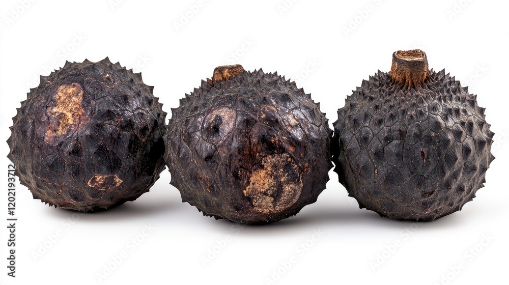 Poster three spiky black fruits on white background with copy space for text. details of texture and natura