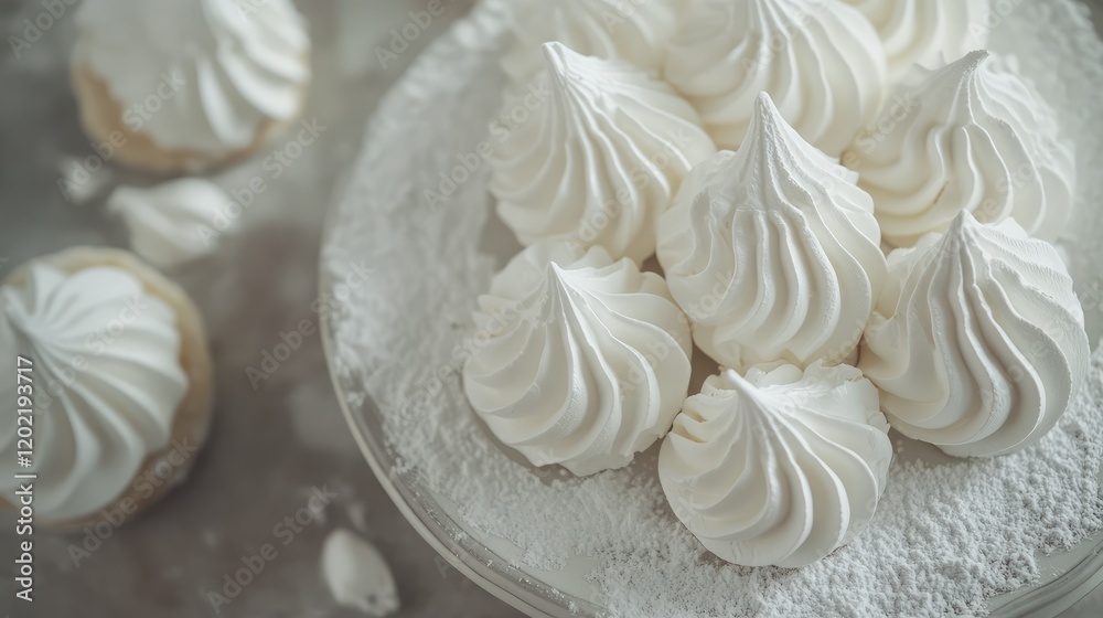 Poster delicate white meringue pastries arranged on a glass platter with powdered sugar dusting and soft fo