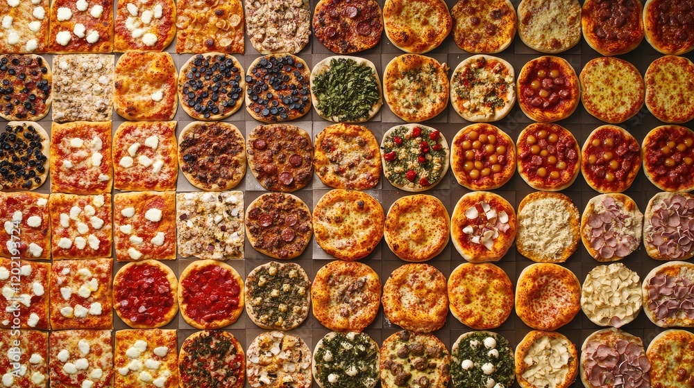 Poster Variety of freshly baked pizzas displayed in a grid pattern showcasing diverse toppings and crusts with Copy Space fÃ¼r text.