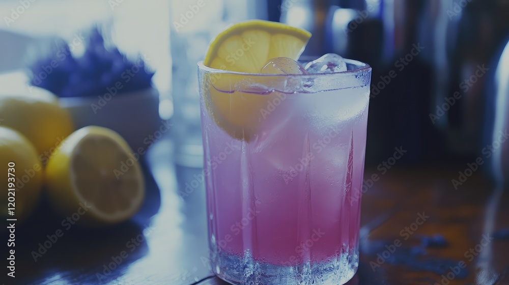 Poster Cocktail with Lemon Garnish in Glass with Copy Space on Wooden Table in Bar Setting