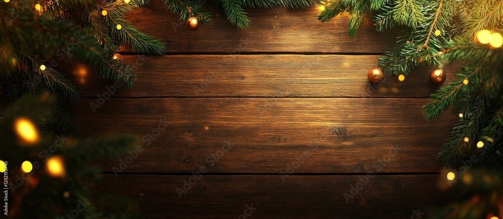 Poster wooden table surface framed by pine branches and warm holiday lights with copy space for text.